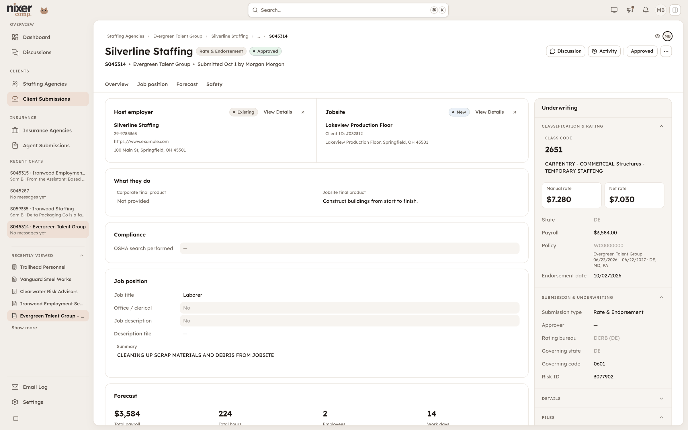 Client submission under review, showing the host employer, jobsite, job position and a payroll forecast beside an underwriting panel with class code, manual and net rates